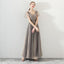 A Line Tulle Long Appliques Beaded Prom Dresses, Grey Formal Evening Dress ING72