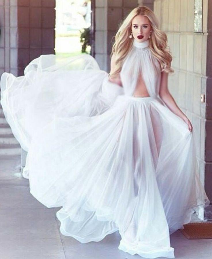 beautiful A-line Cheap Long Sexy Simple Ivory High Neck Tulle Prom Dress IN759