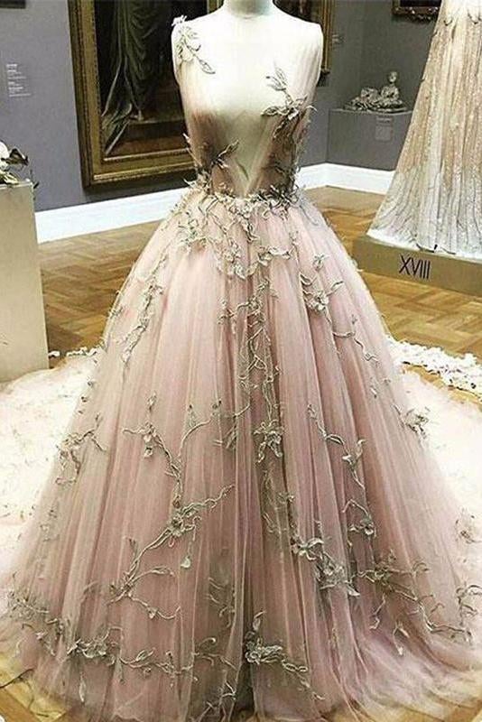 Chic A Line Lace Deep V Neck Appliques Long Prom Dress IND55