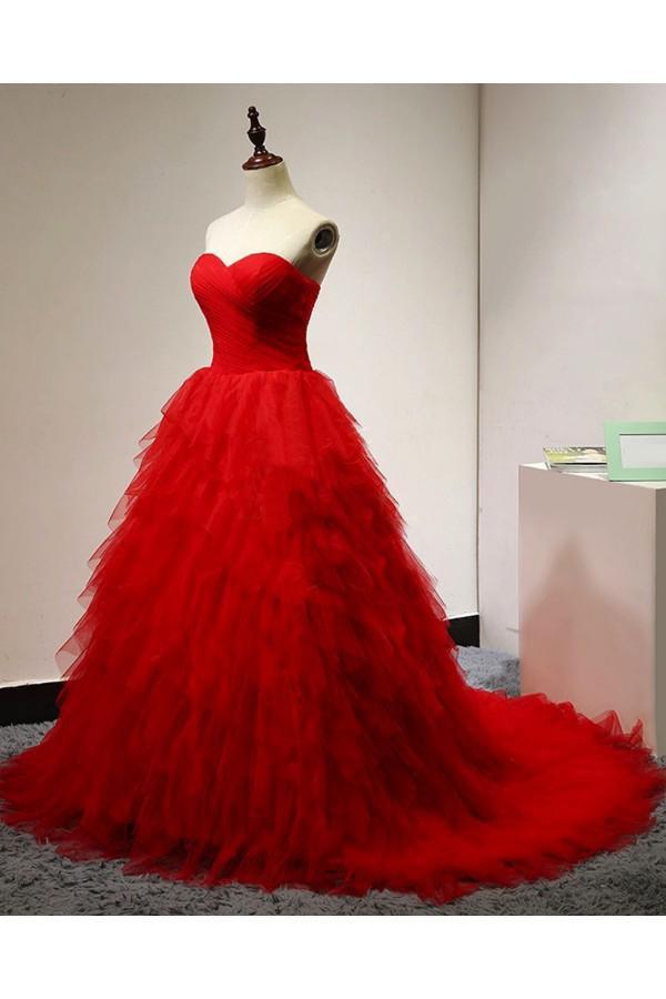 Chic Sweetheart A Line Zipper Back Red Ruffles Cheap Long Prom Dress ING22