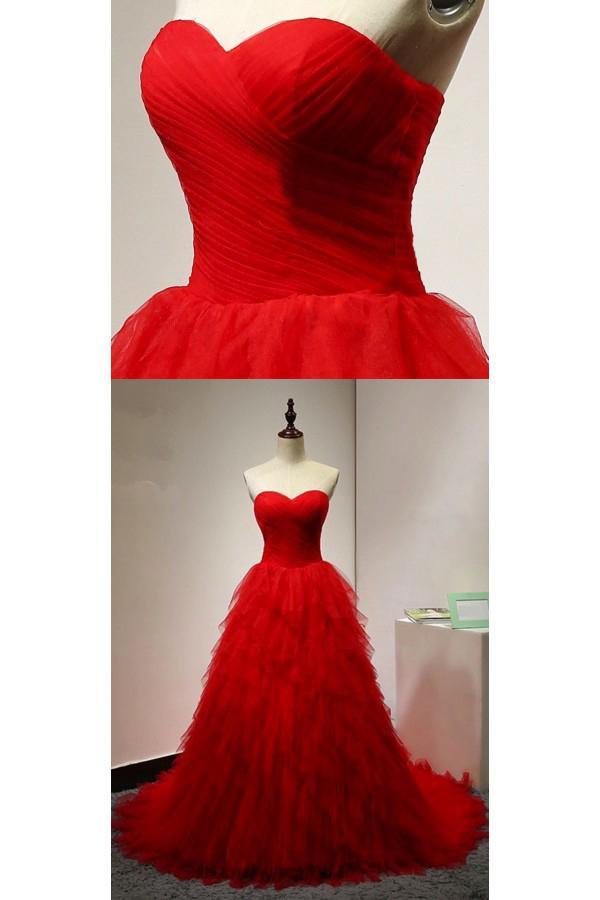 Chic Sweetheart A Line Zipper Back Red Ruffles Cheap Long Prom Dress ING22