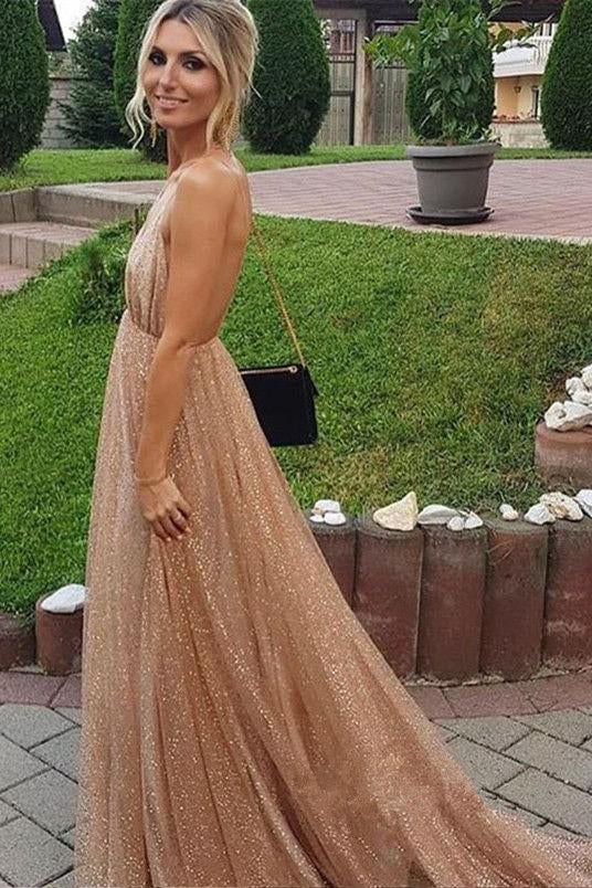 A-line Spaghetti Straps V-neck Sexy Backless Sequins Prom Party Dresses INF32