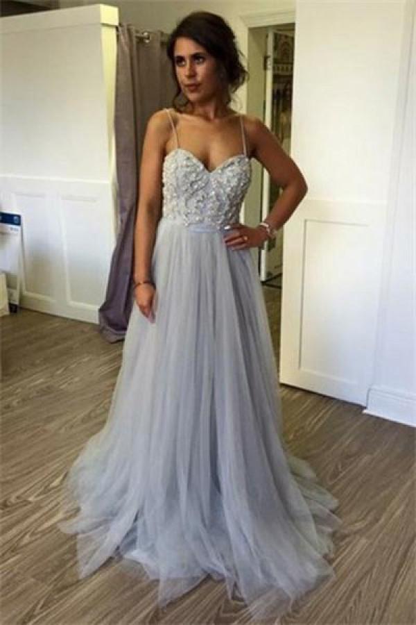 Elegant Long Spaghetti Straps Beading Tulle Gray Prom Dresses Evening Dresses INF3