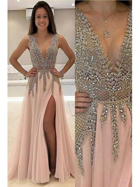 A-line V-neck Tulle Sexy Shinny Rhinestone Long Prom Dress With Slit INA89