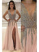 A-line V-neck Tulle Sexy Shinny Rhinestone Long Prom Dress With Slit INA89