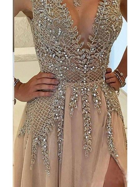 A-line V-neck Tulle Sexy Shinny Rhinestone Long Prom Dress With Slit INA89