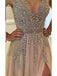 A-line V-neck Tulle Sexy Shinny Rhinestone Long Prom Dress With Slit INA89