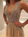 A-line V-neck Tulle Sexy Shinny Rhinestone Long Prom Dress With Slit INA89