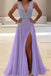 A-line V-neck Tulle Sexy Shinny Rhinestone Long Prom Dress With Slit INA89