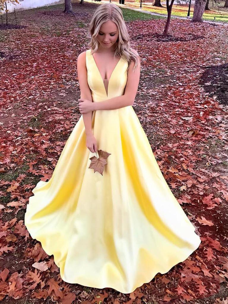 Simple A-line V-neck Satin Long Cheap Red Prom Dresses with Pocket INN85