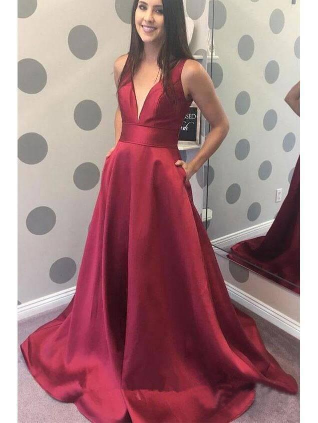Simple A-line V-neck Satin Long Cheap Red Prom Dresses with Pocket INN85