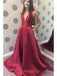 Simple A-line V-neck Satin Long Cheap Red Prom Dresses with Pocket INN85