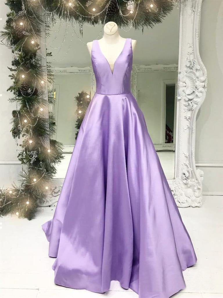 Simple A-line V-neck Satin Long Cheap Red Prom Dresses with Pocket INN85