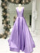 Simple A-line V-neck Satin Long Cheap Red Prom Dresses with Pocket INN85