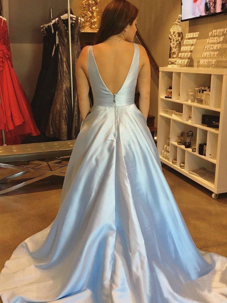 Simple A-line V-neck Satin Long Cheap Red Prom Dresses with Pocket INN85