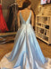Simple A-line V-neck Satin Long Cheap Red Prom Dresses with Pocket INN85