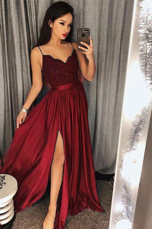 Dark Green Spaghetti Straps Split Lace Long Prom Dress IN949
