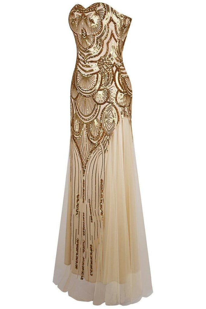 Mermaid Gold Tulle Sequins Prom Dress,Sweetheart Long Bridesmaid Dresses INE78