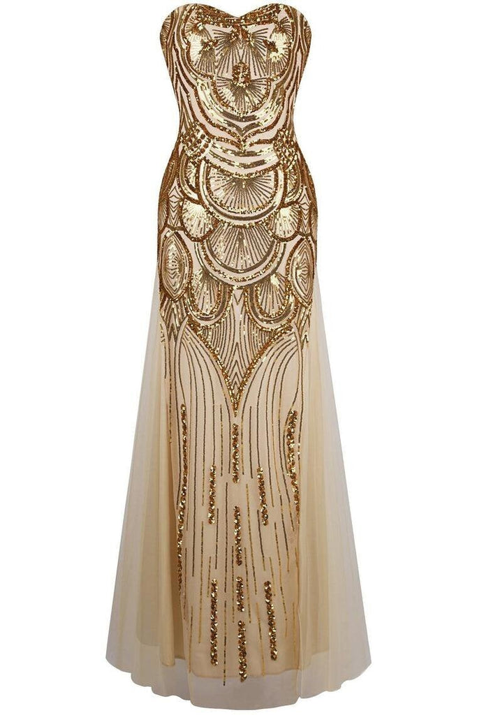 Mermaid Gold Tulle Sequins Prom Dress,Sweetheart Long Bridesmaid Dresses INE78