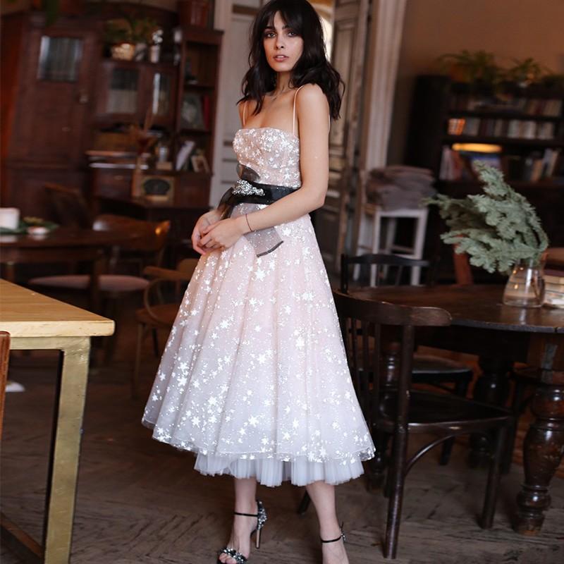 A Line Spaghetti Straps Tea Length Pearl Pink Prom Wedding Dress With Stars INK73