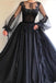 Black Long A-line Tulle Prom Dress, Long Sleeves Modest Evening Gown ING82