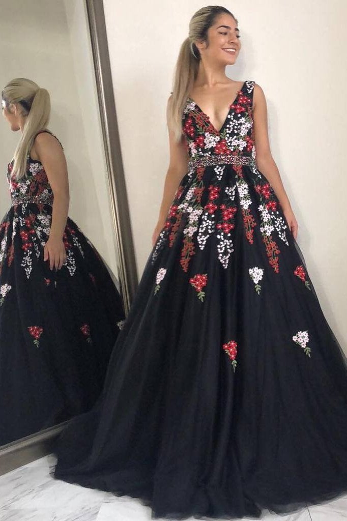 Charming V-Neck Black Floral Appliques Beading Sleeveless Long Prom Dress INI40
