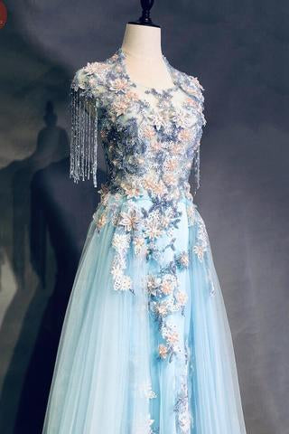 Light Blue Cap Sleeves Prom Dress with Beading, Formal Evening Dress INN42