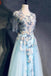Light Blue Cap Sleeves Prom Dress with Beading, Formal Evening Dress INN42