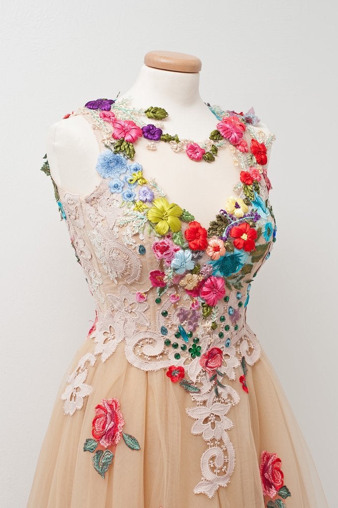 A-line Sleeveless Open Back Appliques Tulle Long Prom Dress Flowers INE81