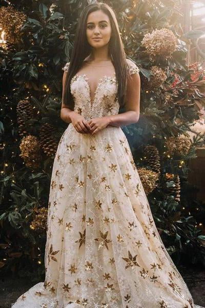 Cap Sleeve A Line Long Lace Prom Dresses With Gold Stars INH46