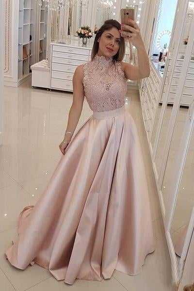 Cheap Maroon Lace Top Prom Dresses Long Burgundy Evening Gown with High Neck INI28
