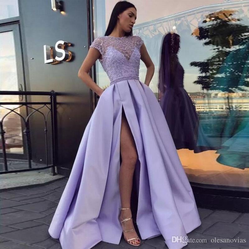 Light Purple A Line Satin Slit Cap Sleeves Prom Dresses With Pockets INE52