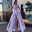 Light Purple A Line Satin Slit Cap Sleeves Prom Dresses With Pockets INE52