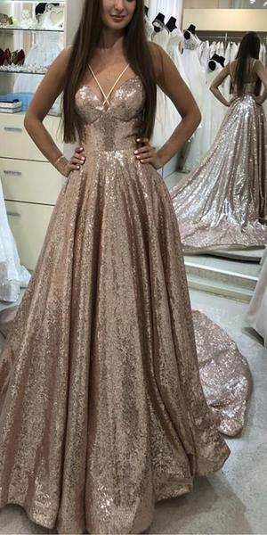 Sparkly Sequin V Neck Long Junior Prom Dresses with Straps INI27