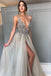 Long Backless Grey Sexy Prom Dresses with Slit Cheap Beaded Evening Gowns INH62