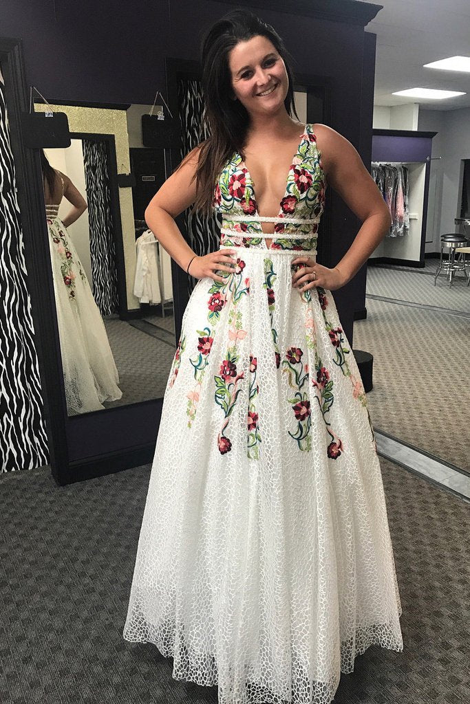 Charming V Neck Floral Embroidery Long Lace Prom Dress with Pocket INJ1