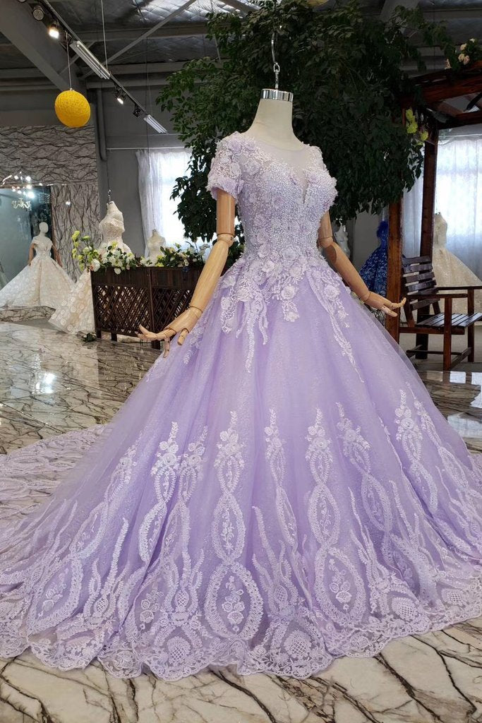 Lilac Ball Gown Short Sleeves Prom Dresses with Lace, Quinceanera Dress INL41