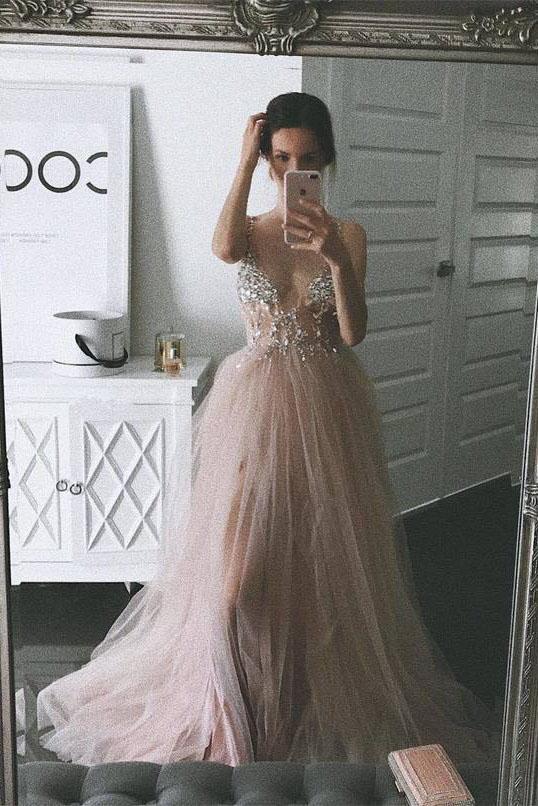 Dusty Pink A Line Tulle Prom Dress, V Neck Long Graduation Dress with Rhinestone INJ48