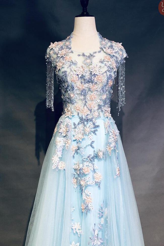 Light Blue Cap Sleeves Prom Dress with Beading, Formal Evening Dress INN42