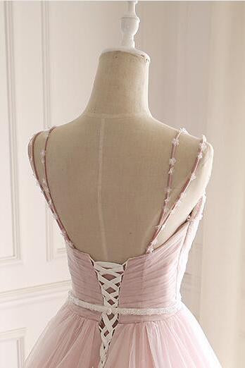 Pink Tulle Prom Dress with Lace Appliques, A Line Formal Evening Party Dresses INJ50