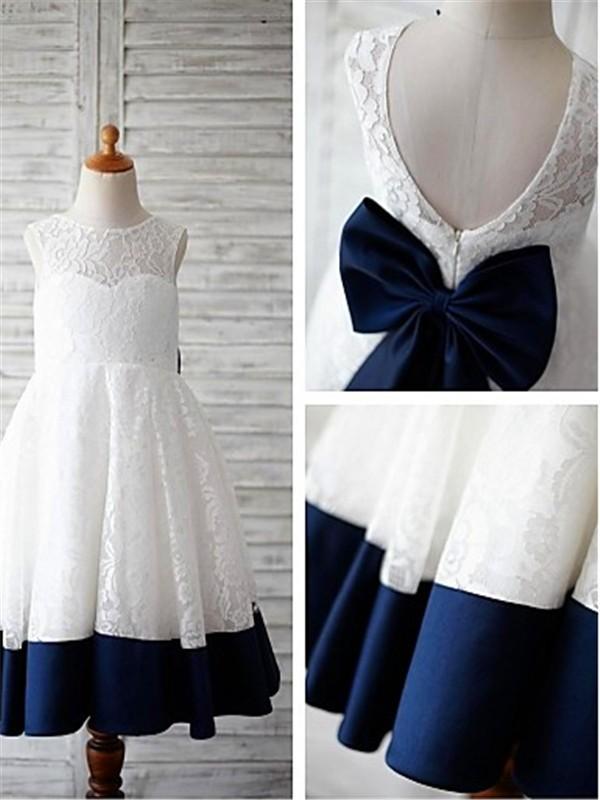A-line Scoop Sleeveless Bowknot Floor-Length Lace Flower Girl Dresses With Navy Sash IN723