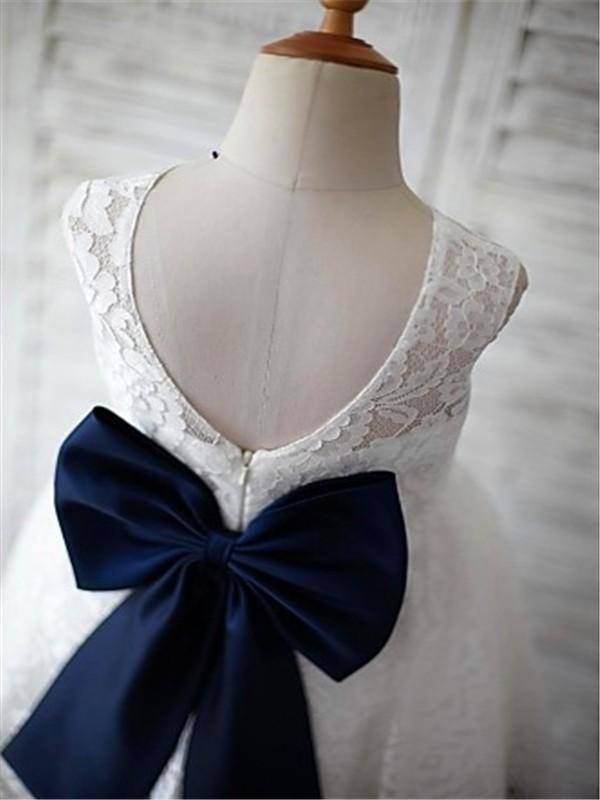 A-line Scoop Sleeveless Bowknot Floor-Length Lace Flower Girl Dresses With Navy Sash IN723