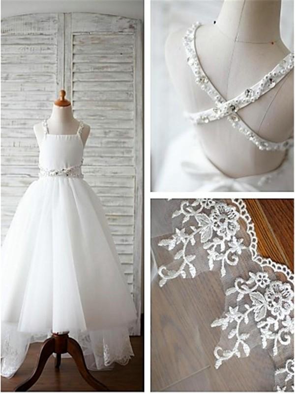 A-line/Princess Spaghetti Straps Sleeveless Beading Organza Flower Girl Dresses With Lace IN721