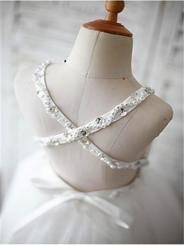 A-line/Princess Spaghetti Straps Sleeveless Beading Organza Flower Girl Dresses With Lace IN721