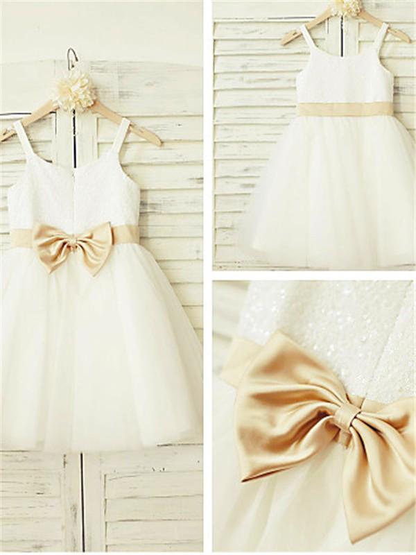 Cute A-line Spaghetti Straps Sleeveless Bowknot Floor-Length Tulle Flower Girl Dresses IN719