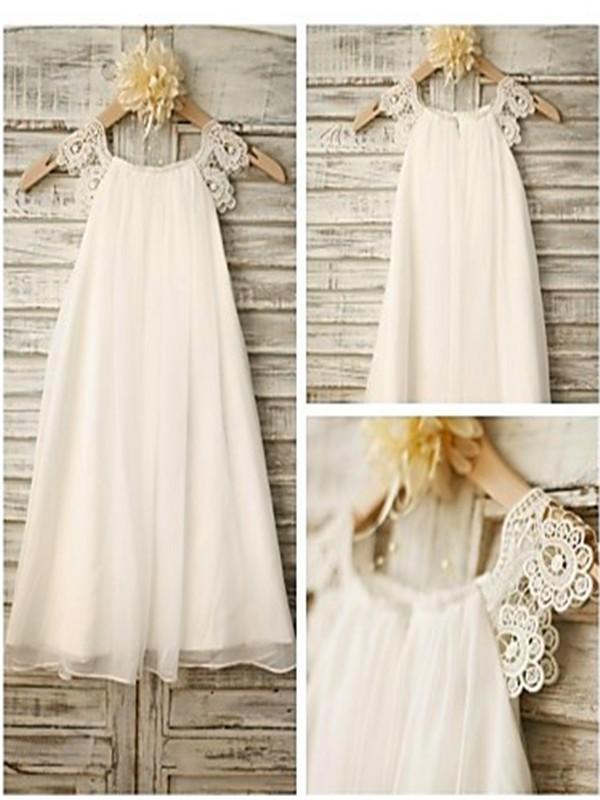 Ivory A-line Scoop Sleeveless Chiffon Floor-Length Flower Girl Dresses IN716