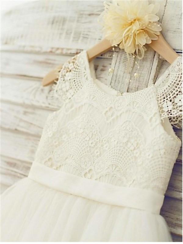 Princess Ivory A-line Scoop Sleeveless Floor-Length Lace Flower Girl Dresses IN714