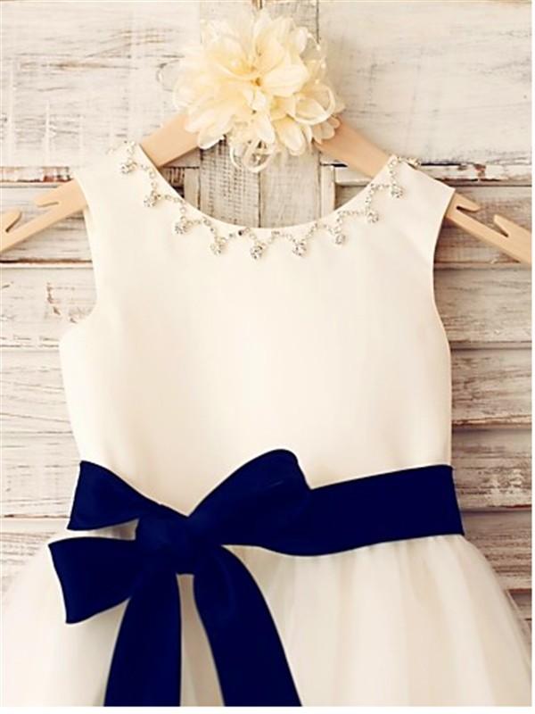 Ivory A-line Scoop Sleeveless Bowknot Tea-Length Tulle Flower Girl Dresses With Belt IN713