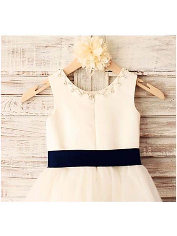 Ivory A-line Scoop Sleeveless Bowknot Tea-Length Tulle Flower Girl Dresses With Belt IN713