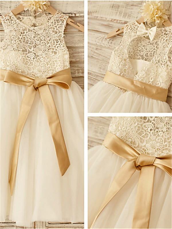 A-line Scoop Sleeveless Bowknot Floor-Length Tulle Flower Girl Dresses With Lace IN712